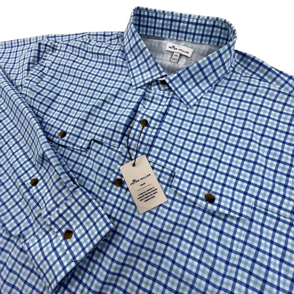 Peter Millar Performance Shirt XXL Blue Check Roll Tab Seaside Plaid Vented NWT - Picture 1 of 14